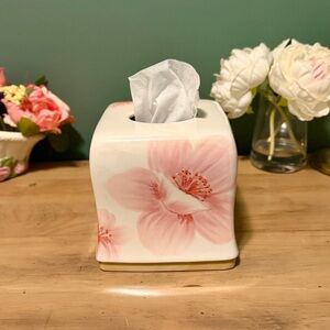 Vintage Pink Floral Ceramic Tissue Box Cover Cottage Bathroom Decor